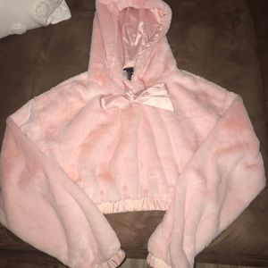 Pink faux fur crop hoodie